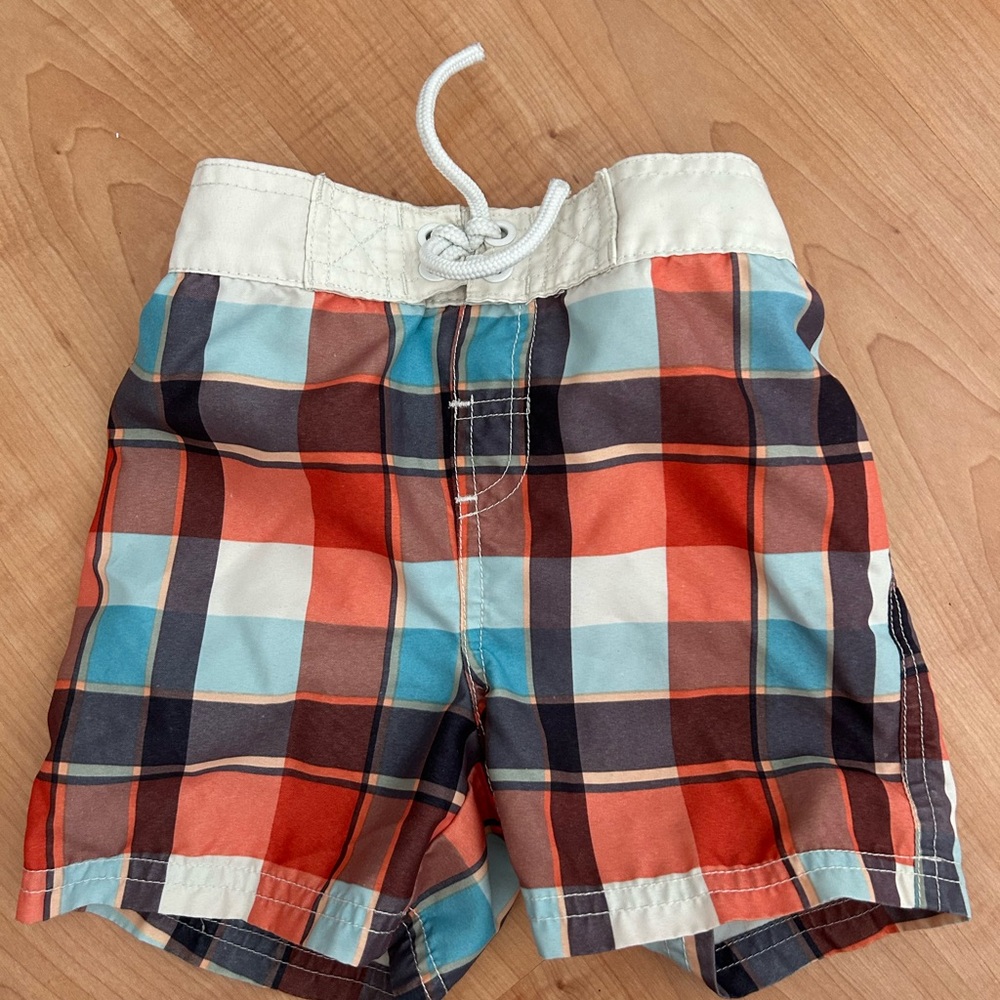 Plaid Kids Swim Trunks in Red and Blue